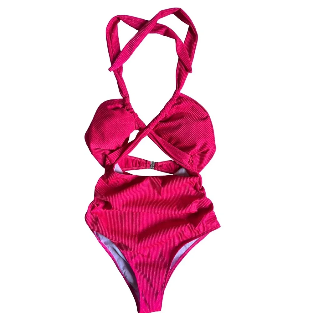 Ribbed One Piece Swimsuit Cut Out Tie Halter‎ Hot Pink Swimwear